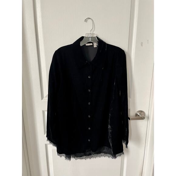 LOGO Lori Goldstein Velvet Button Front Lace Trim Blouse Black Small New - Picture 3 of 7